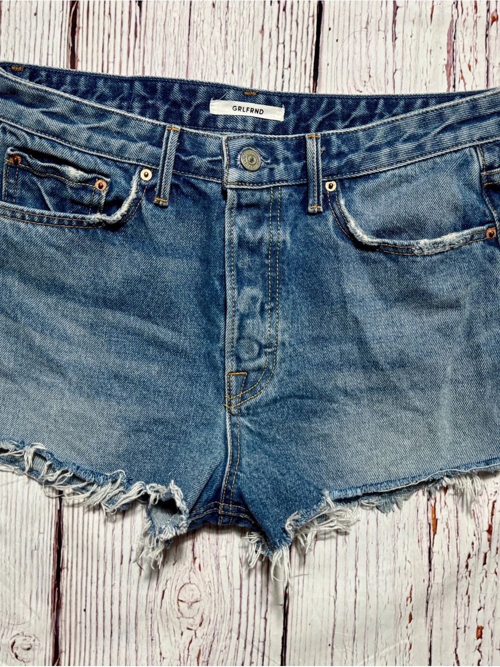 GRLFRND Cindy Shorts High Rise Cutoff Denim Size 28 Light Wash Frayed Hem Jean